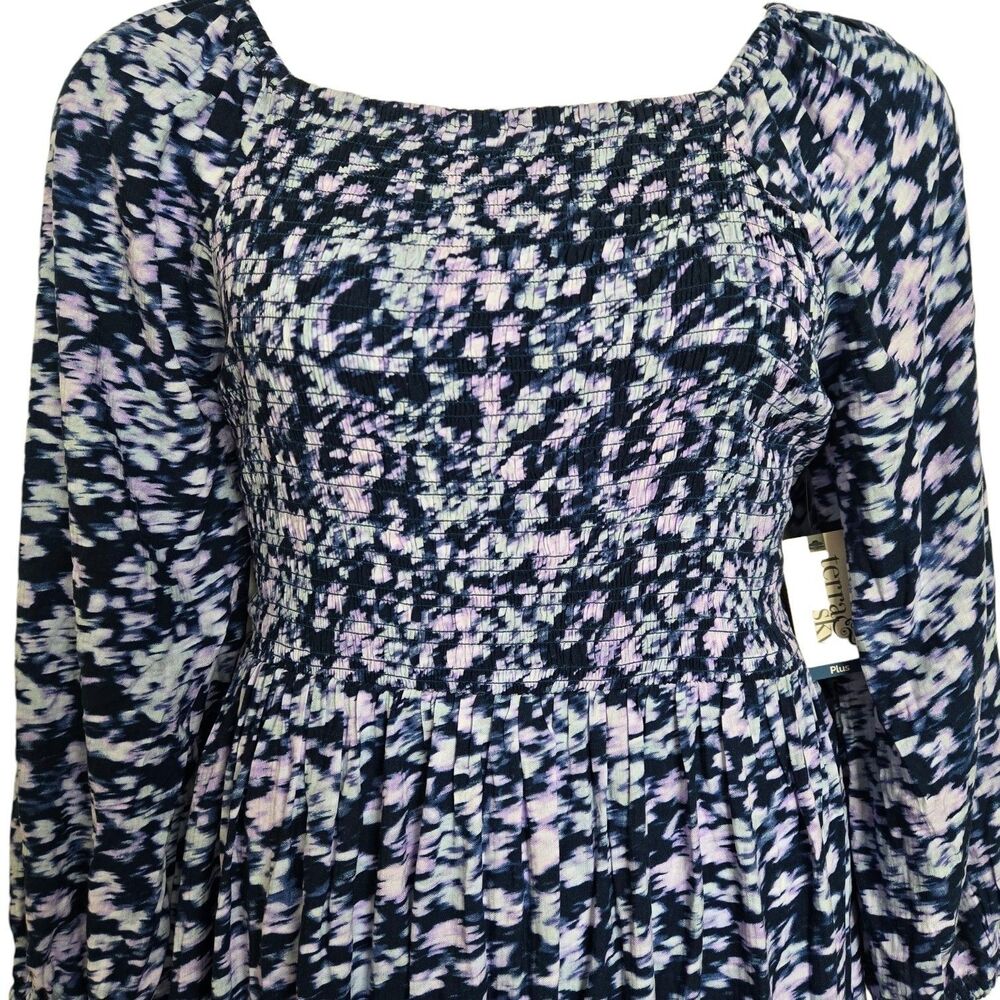 NWT Terra & Sky Blue Purple Tie Dye Smocked Midi Dress 1X - Picture 4 of 9